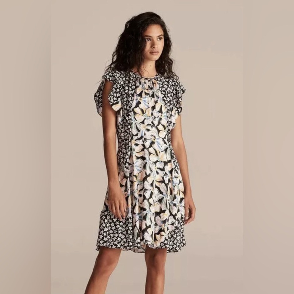 Rebecca Taylor Bow Fleur Print Silk Blend Floral Dress Black Combo